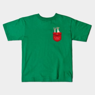 Greyhound Dog with Reindeer Ear Inside Red Festive Pocket with Merry Christmas Sign Kids T-Shirt